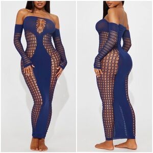 NWT Fashion Nova “Take A Risk” Maxi Dress Bodystocking Netted Dreamgirl Blue